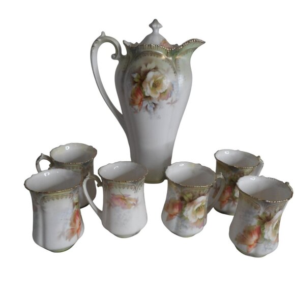 RS Prussia Other - Vintage R S Prussia Chocolate Teapot with 6 cups Floral Roses